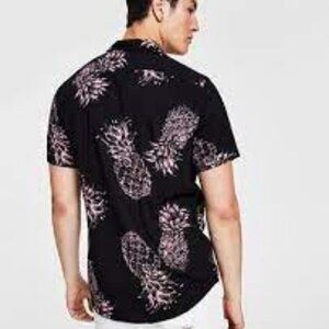 Guess Retro Hawaiian Men's Pineapple Slim Fit Print Challis Shirt Black/Pink NWT